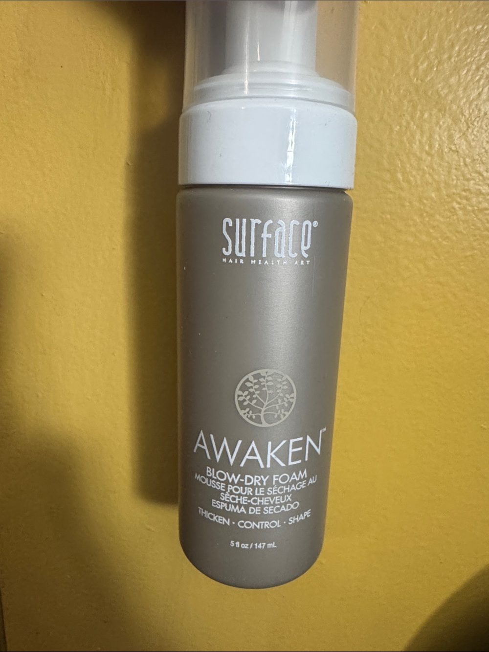 Surface Awaken Blow-Dry Foam — Taupe Bottle with White Pump